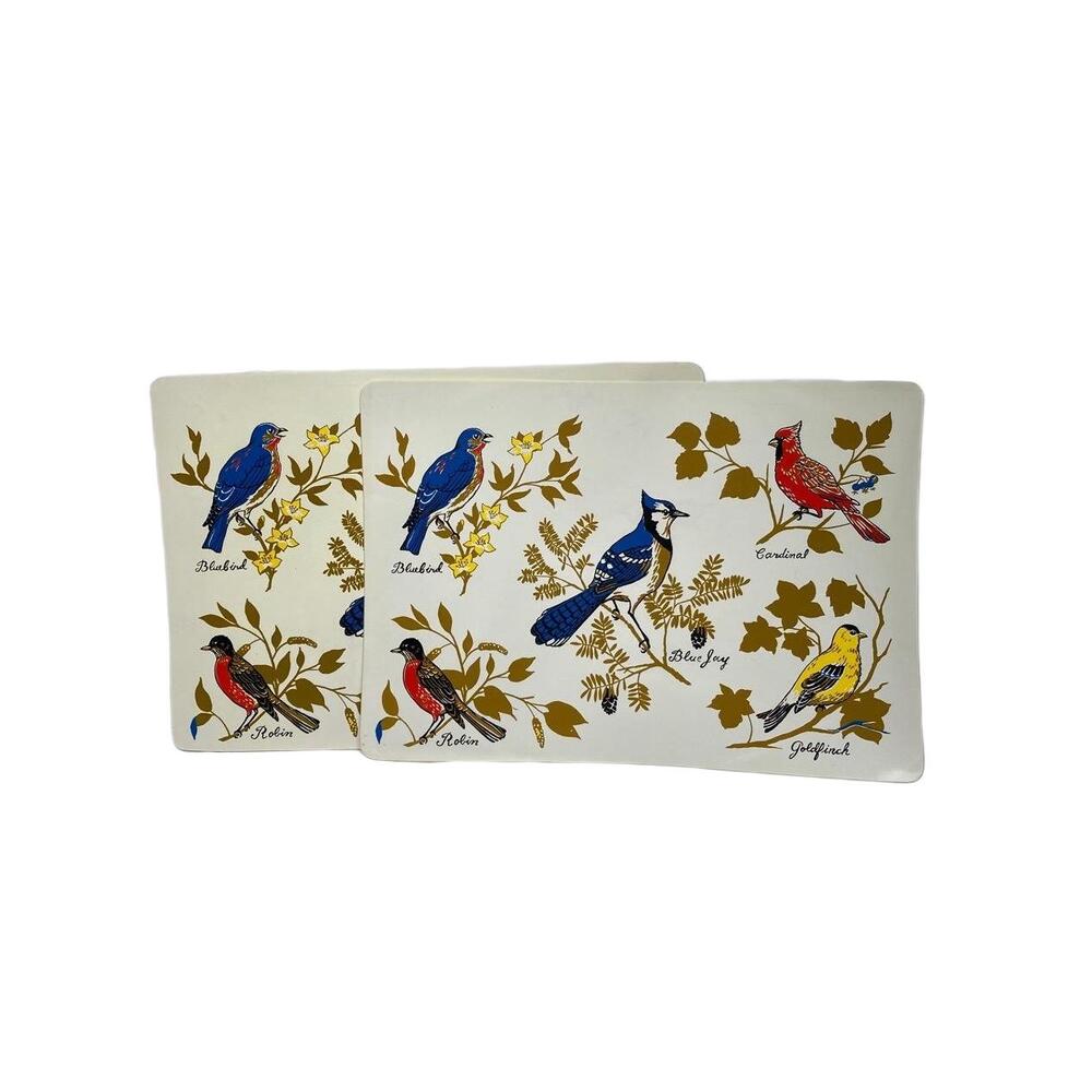 Vintage Set of 2 Rectangular Bird Print White Placemats